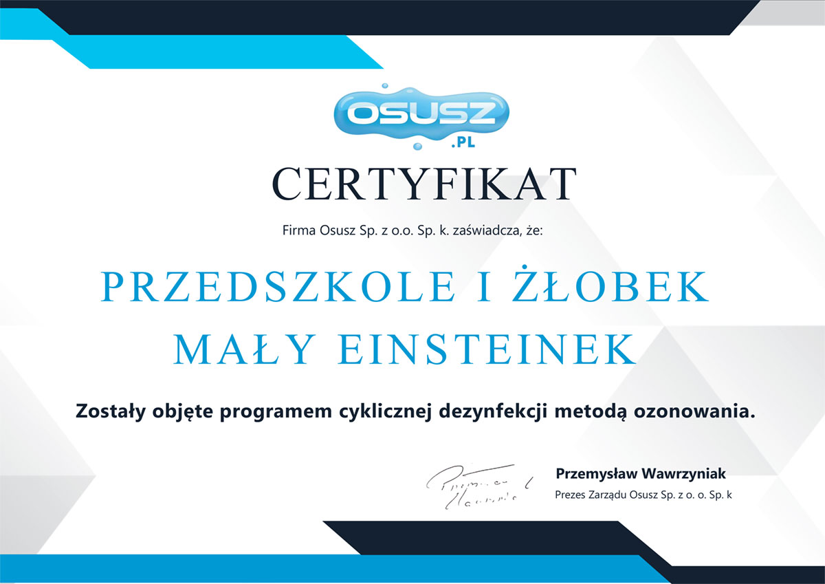 Certyfikat Ozonowania Przedszkola