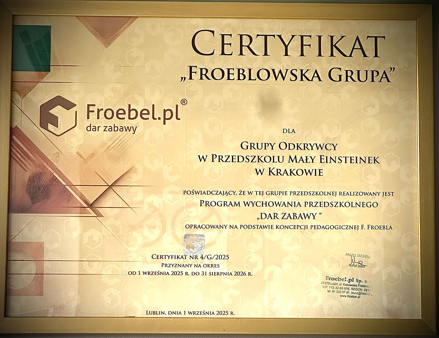 certyfikat froebel